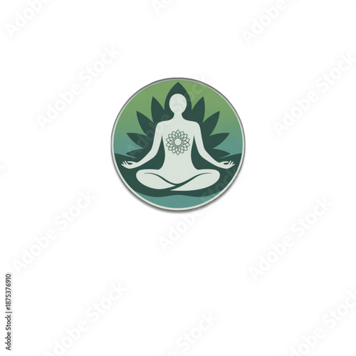 Meditation lotus pose icon in sage green circle with leaf background minimalist yoga studio logo for mindfulness wellness app spa branding and holistic therapy social media badge profile icon
