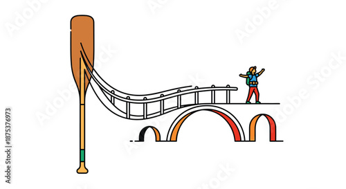 Hiker standing on colorful bridge with large paddle beside, Generative AI.
