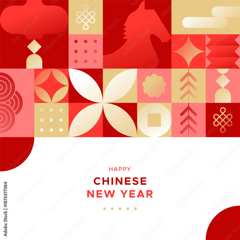 Fototapeta premium Happy Chinese New Year of the horse 2026 modern mosaic illustration template in abstract geometric style. China culture festival event design with gold fortune decoration.