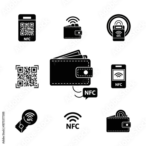 NFC technology icons for mobile payments and digital wallets