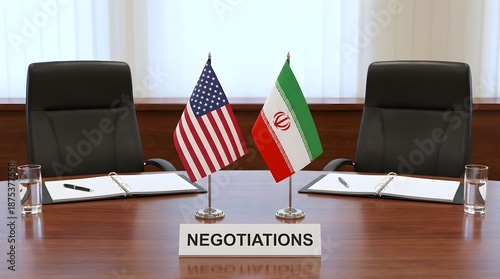 Flags of the United States and Iran stand together on a table for negotiations at a formal meeting Generative AI