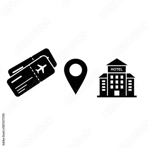 Travel icons for planning a trip with hotel, map and flight tickets