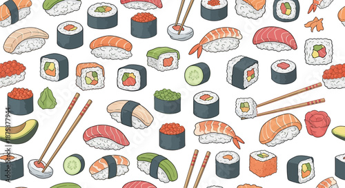 Colorful sushi and rolls seamless pattern for asian cuisine themed backgrounds and designs