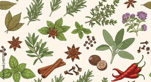 Hand-drawn seamless pattern featuring a diverse array of aromatic herbs and spices perfect for