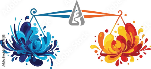 Illustrative representation of a balance scale, dynamically poised with vibrant blue water and fiery orange flames, symbolizing the harmonious equilibrium of opposing natural elements