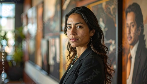Confident Woman in Business Attire Posing Near Artwork.