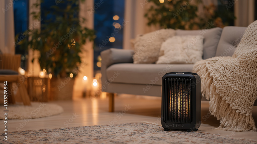 Fototapeta premium Portable heater on floor near sofa with a thick blanket, warm orange light reflecting on nearby furniture, cozy indoor environment, ideal for relaxing during winter evenings