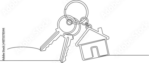 House keychain with keys in continuous line art style