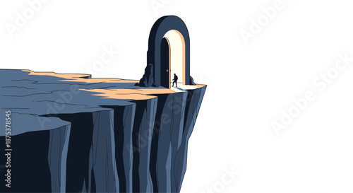 Person standing at edge of cliff with open door to new opportunities ahead, Generative AI.