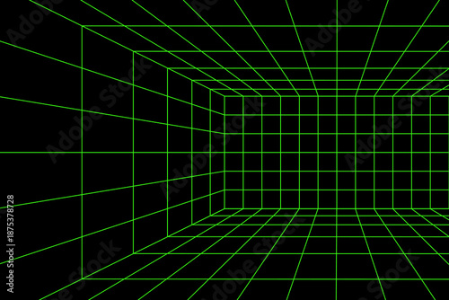 Part of rectangular green neon light wireframe in perspective on black background. Room, portal or studio mesh structure in futuristic style. Metaverse or virtual reality space. Vector illustration