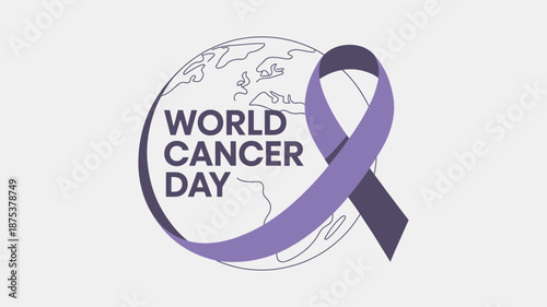 World Cancer Day Ribbon Vector with Earth Globe Line art icon on White background