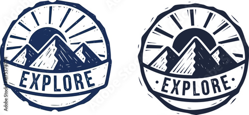Hand-drawn 'Explore' adventure emblem in vintage woodcut style, featuring majestic mountains under a radiating sun, ideal for outdoor enthusiasts and travel branding