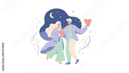 Couple Sharing Glowing Hearts Under Night Sky. Flat Minimalist Illustration of Romantic Connection and Partnership.