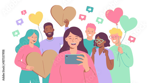 Diverse Group Taking Selfie, Surrounded by Social Media Icons, Hearts, and Balloons. Happy Friends Celebrating Connection and Digital Engagement.