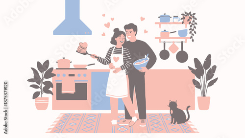 Romantic Couple Cooking Pancakes in Modern Kitchen. Happy illustration of man and woman preparing breakfast with heart shapes and pet cat.