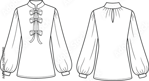 Girl’s blouse sketch, mandarin collar, puff sleeves, bow front detail, keyhole back, fashion design layout, flat vector illustration