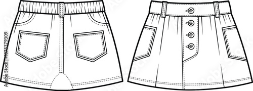 Skirt sketch set, A-line silhouette, patch pockets, button placket, pleated volume, fashion design layout, flat vector illustration