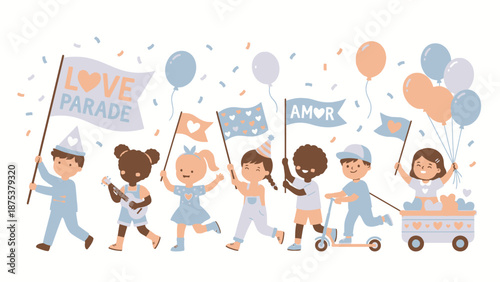 Joyful Diverse Kids Love Parade Illustration: Happy children marching with flags, balloons, hearts, and confetti, celebrating community and friendship.