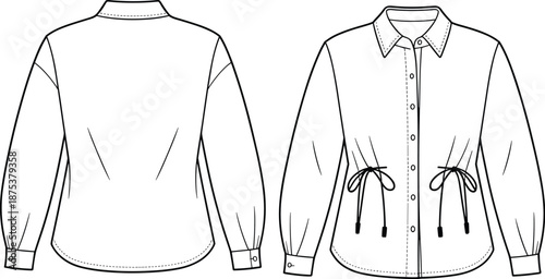 Women’s blouse sketch, pointed collar, drawstring waist, button front, dart seams, fashion design layout, flat vector illustration