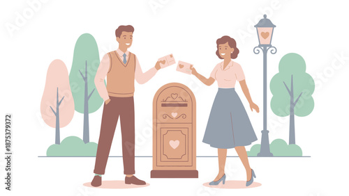 Vintage Couple Sending Love Mail, Retro Romance and Correspondence Illustration by a Decorative Mailbox