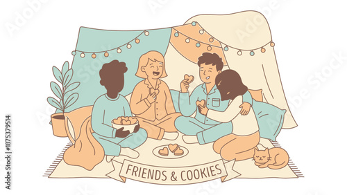 Diverse Friends Pajama Party Illustration. Young adults enjoying cookies and laughing inside a cozy blanket fort. Sleepover concept, vector art.