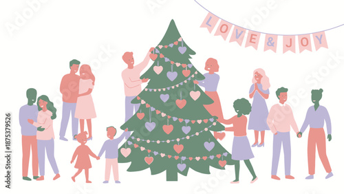 Diverse Group Decorating Christmas Tree with Heart Ornaments. Community Holiday Celebration, Love and Joy Banner. Vector Illustration.