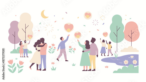 Diverse Couples Celebrating Love and Hope in a Park. Flat Vector Illustration of People Reaching for Glowing Heart Lanterns in Nature.