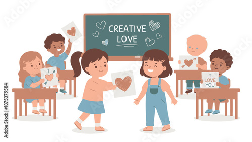 Diverse School Children Creating Heart Art in Classroom. Cute Kids Learning, Celebrating Friendship and Creative Love. Flat Vector Illustration.