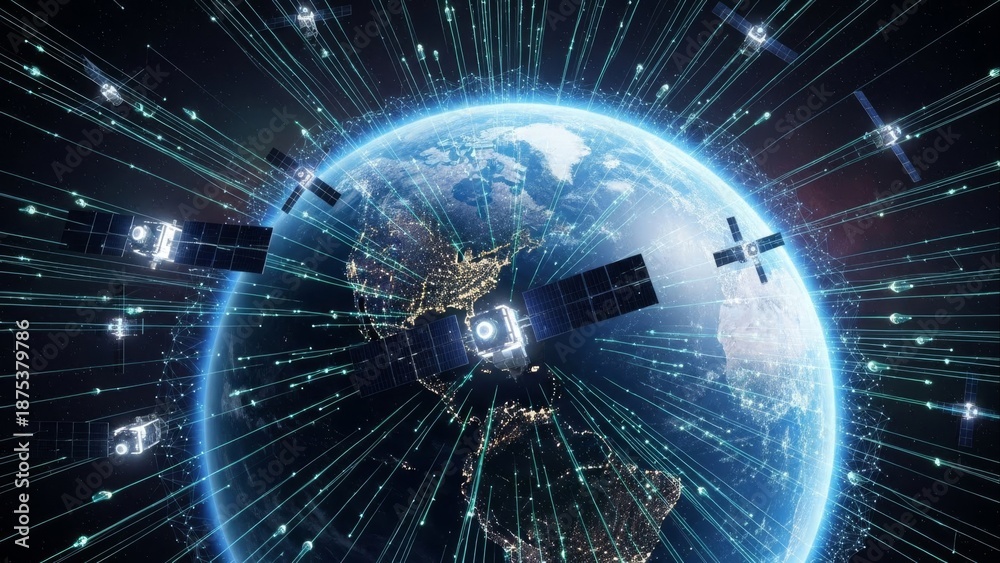 Fototapeta premium Global communication network concept with satellites orbiting Earth, beaming data lines across the planet for connectivity and internet services.