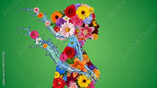 Abstract Floral Woman Figure with Dynamic Water Element Representing Vitality Purity and Botanical Beauty