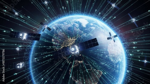 Global communication network concept with satellites orbiting Earth, beaming data lines across the planet for connectivity and internet services.