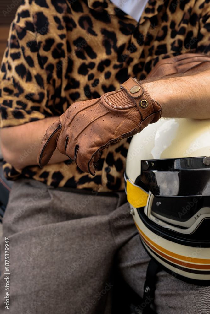 Fototapeta premium Classic Motorcycle Rider with Retro Helmet