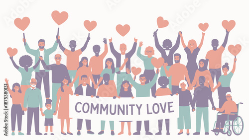 Diverse Community Unity Illustration. Happy People Holding Hands, Heart Signs, and a 'Community Love' Banner. Inclusion, Support, and Social Cohesion Vector.