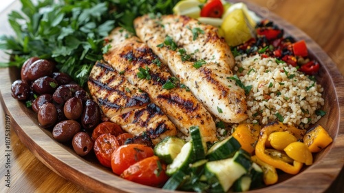 Healthy Grilled Chicken Breast with Roasted Vegetables, Olives, and Cauliflower Rice on Wooden Platter