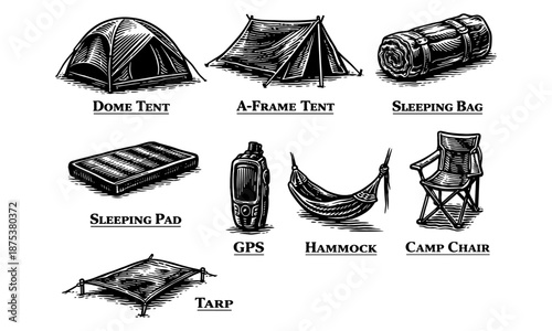 Essential Camping Equipment Collection: Vintage Woodcut Style Outdoor Gear Set