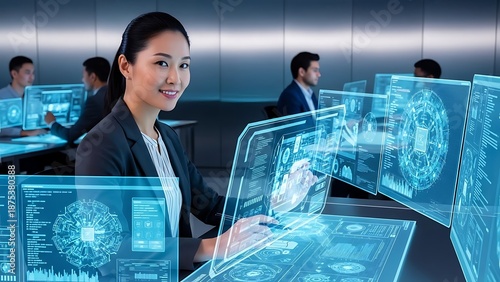 Modern Researcher Using Advanced AI Technology and Interactive Holograms for Scientific Discovery