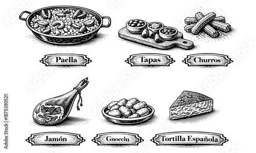 Traditional Spanish Food Set Engraving Style Paella Tapas Churros Jamón