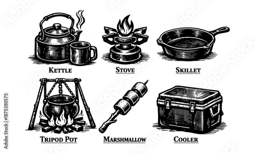 Vintage Camping and Outdoor Cooking Equipment Set Engraving Illustration Style