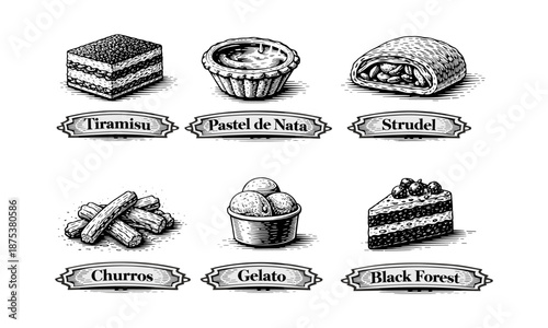 Vintage Engraving Icons of Famous Global Desserts and Sweets Set.