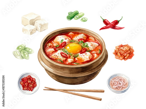 Watercolor Vector Illustration of Korean Sundubu Jjigae – Soft Tofu Stew with Kimchi, Chili and Ingredients Set