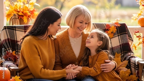 Multi-generational Family Portrait of Six Women and Girls Wearing Warm Autumn Sweaters at Sunset