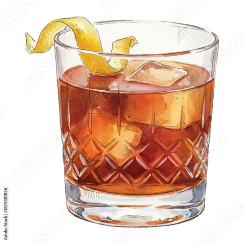 Sazerac in Crystal Glass Cocktail Watercolor Vector Illustration with Lemon Peel on White Background
