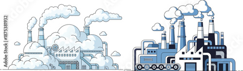 Industrial factories with smoke stacks emitting plumes of white and blue vapor into the sky, symbolizing industrial pollution and environmental impact