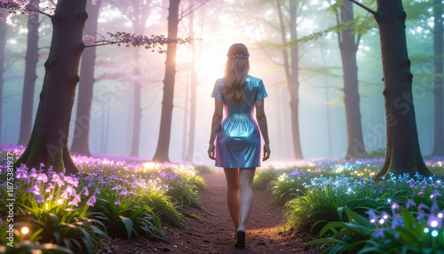 Woman in shimmering dress walks through enchanting forest path surrounded by glowing flowers, creating magical atmosphere