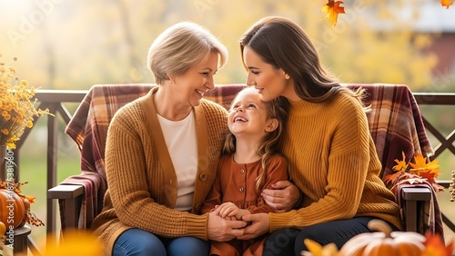 Grandmother Mother and Young Daughters Bonding and Laughing on a Cabin Veranda in Fall Season