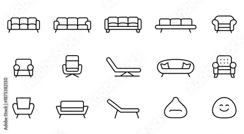 Modern Outline Icons of Home and Office Furniture Featuring Sofas, Chairs, Lounges, and Bean Bags, Vector Illustrations for Interior Design
