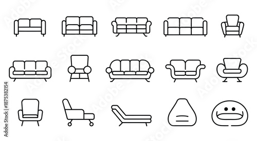 Set of Modern Outline Furniture Icons Including Sofas, Chairs, Lounges, and Bean Bags for Home and Office Interiors, Vector Illustrations