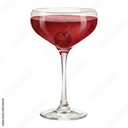 Midnight Manhattan Cocktail Watercolor Vector Illustration with Cherry Garnish on White Background

