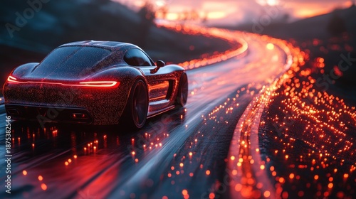 Luminous futuristic sports car illuminated with countless small red lights, driving on a wet dark road lined with glowing light trails at dusk, creating a high-tech and dynamic scene.