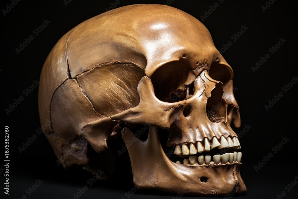 Obraz premium Human skull resting on a black background, representing death and anatomy